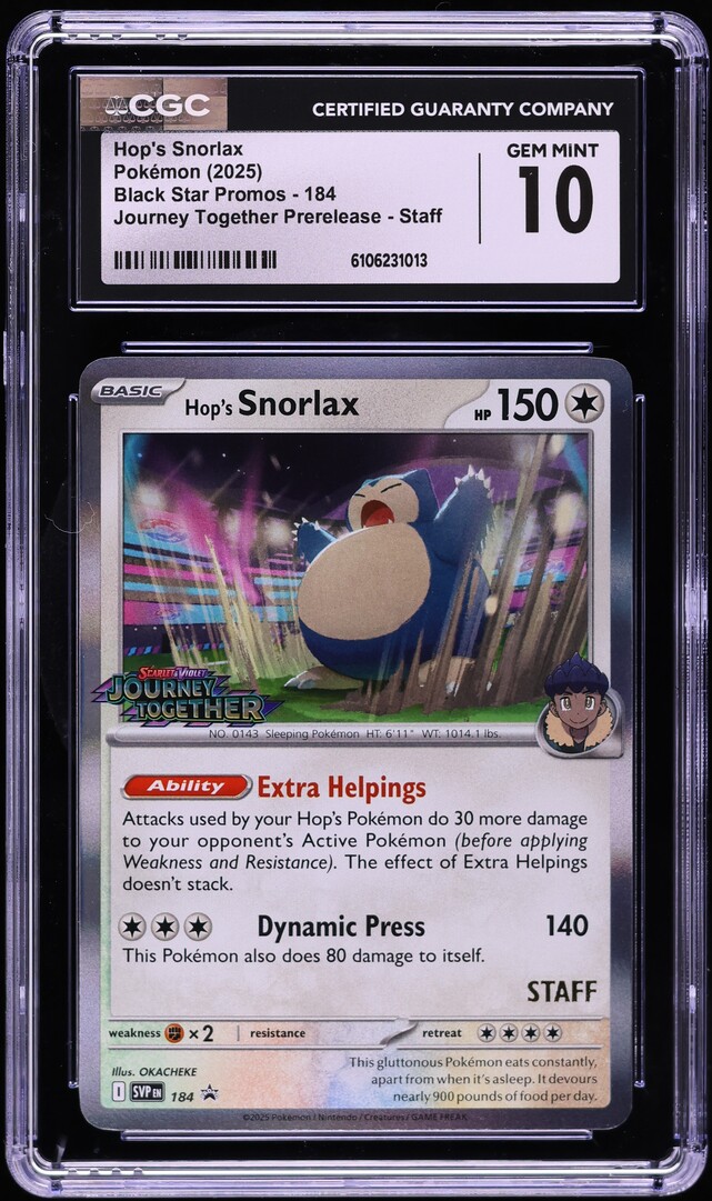 2025 Pokemon SV Promo Journey Together Prerelease Staff Hop's Snorlax #184 CGC 10 GEM MINT