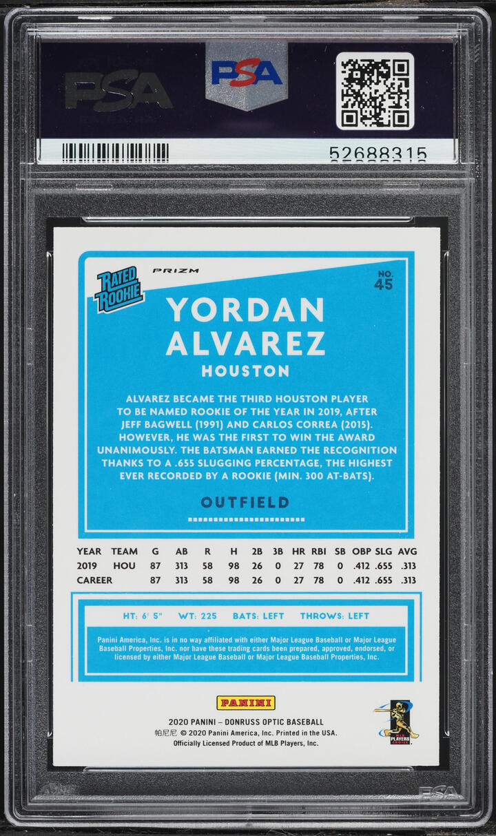 2020 Donruss Optic Holo Yordan Alvarez ROOKIE #45 PSA 10 GEM MINT