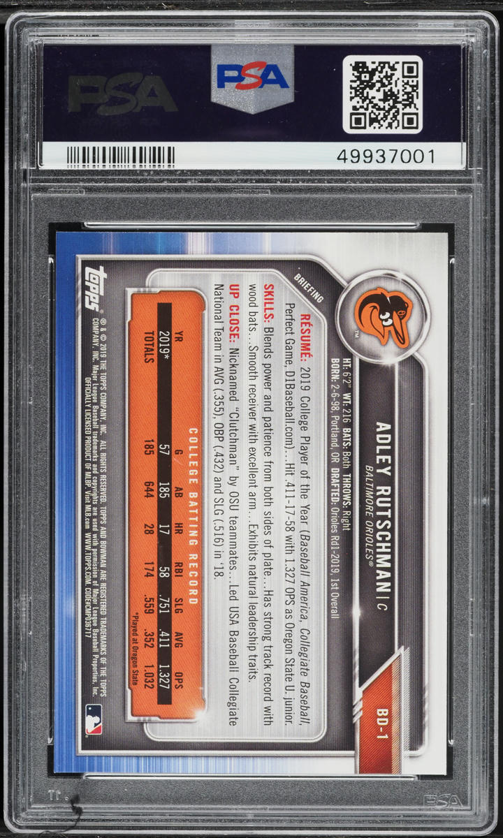 2019 Bowman Draft Adley Rutschman PROSPECT #BD-1 PSA 9 MINT