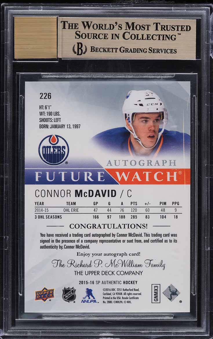 2015 SP Authentic Connor McDavid ROOKIE AUTO /999 #226 BGS 9.5 GEM MINT