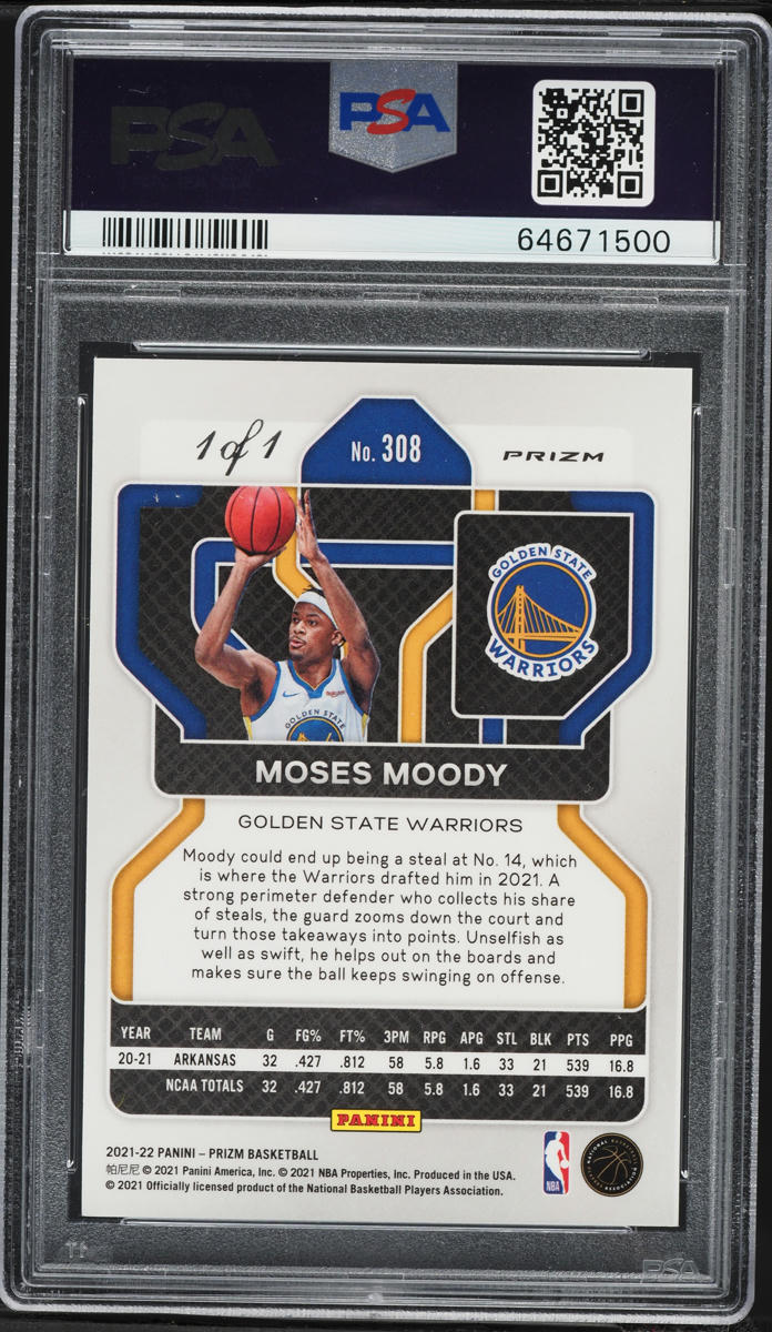 2021 Panini Prizm Black Shimmer Moses Moody ROOKIE 1/1 #308 PSA 10 GEM MINT