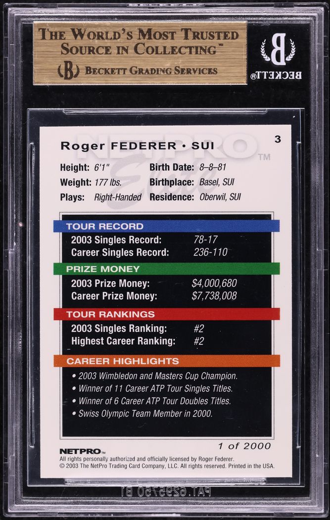 2003 Netpro Elite Roger Federer ROOKIE /2000 #3 BGS 9.5 GEM MINT