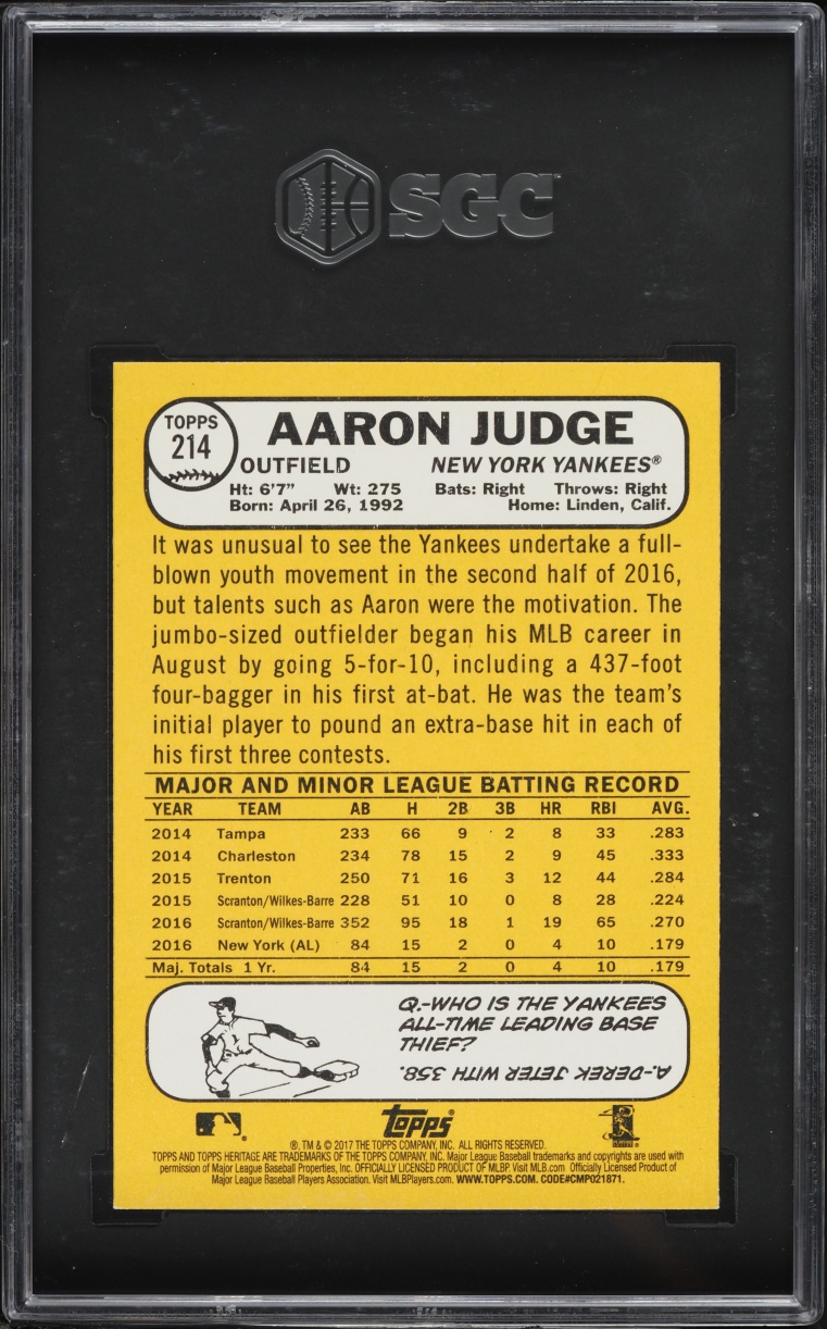2017 Topps Heritage Photo Variation Aaron Judge ROOKIE #214 SGC 9.5 MINT+