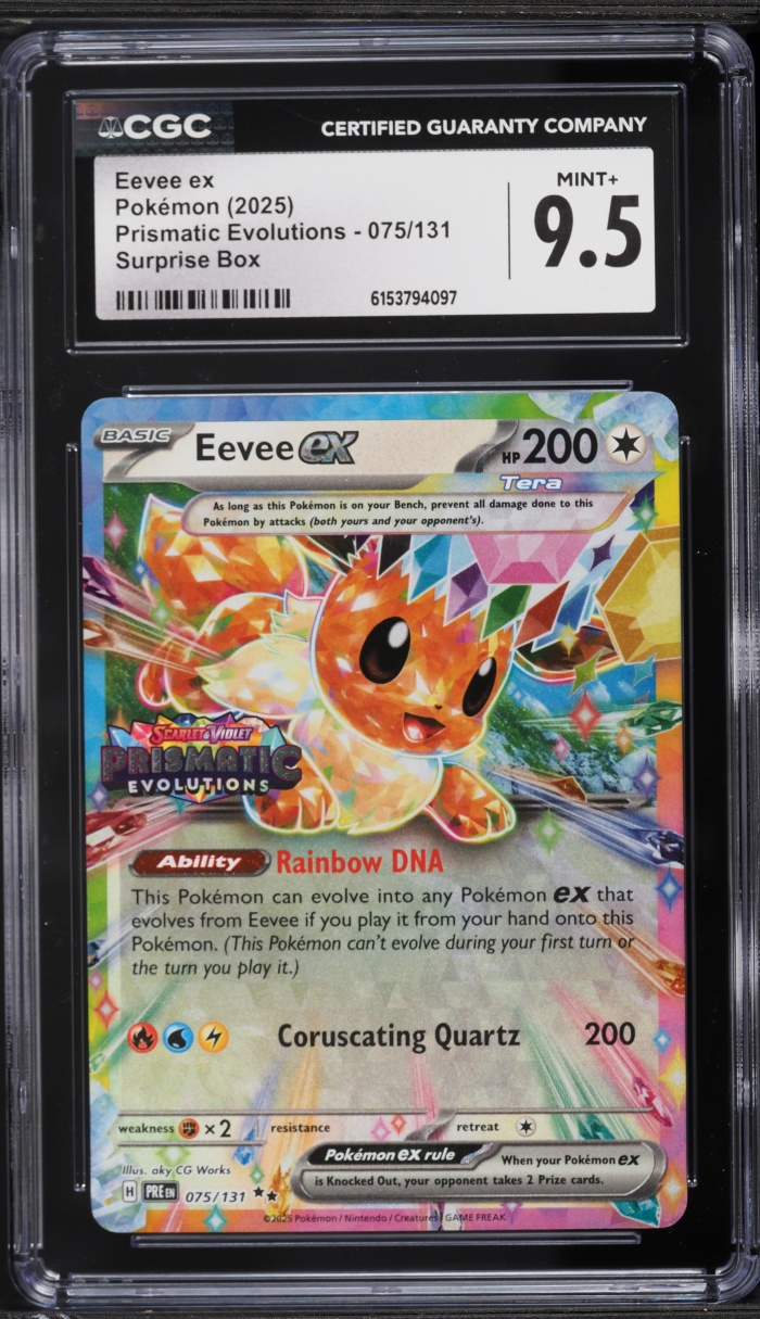 2025 Pokemon Scarlet & Violet Prismatic Evolutions Surprise Box Eevee EX #75 CGC 9.5 MINT+