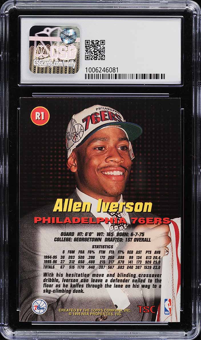 1996 Stadium Club Basketball Allen Iverson ROOKIE #R1 CSG 8.5 NM-MT+
