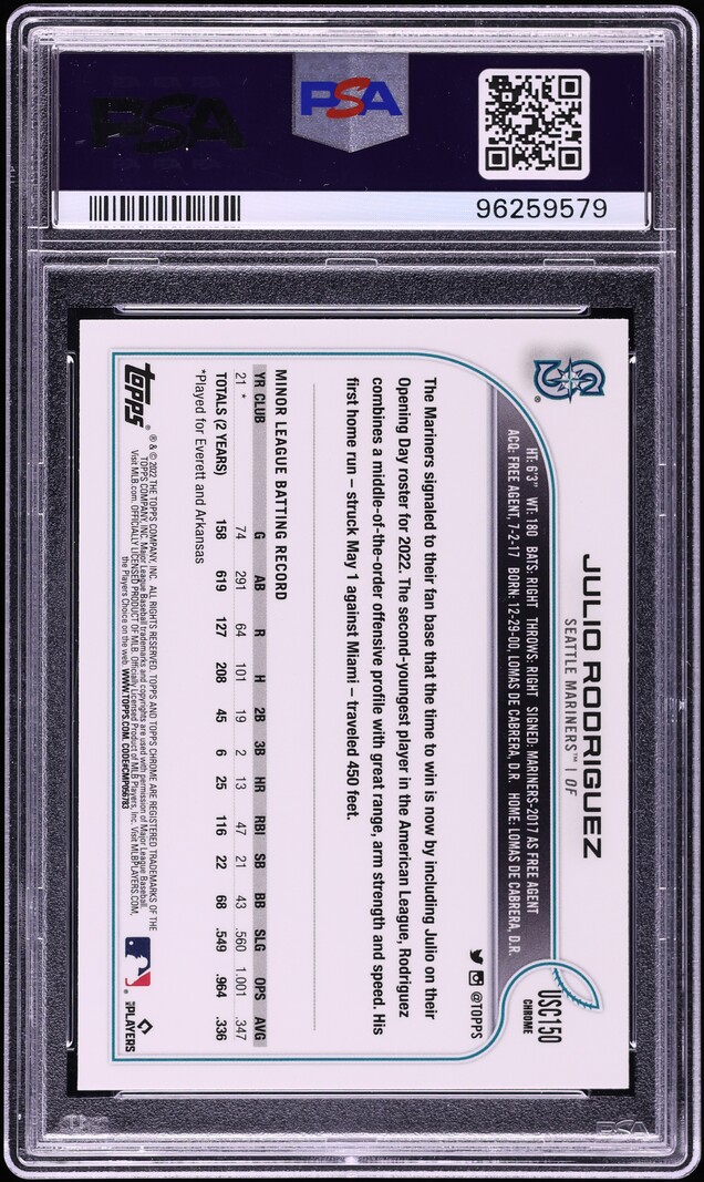 2022 Topps Chrome Update Purple Refractor Julio Rodriguez ROOKIE #USC150 PSA 10 GEM MINT