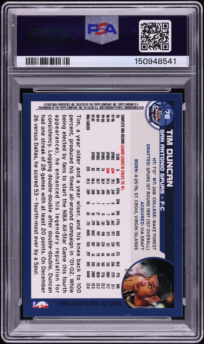 2002 Topps Chrome White Refractor Tim Duncan /249 #78 PSA 10 GEM MINT