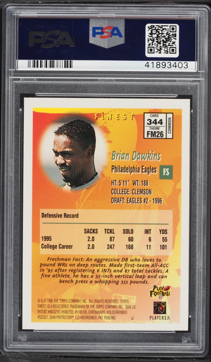 1996 Finest w/ Coating Brian Dawkins ROOKIE #344 PSA 9 MINT
