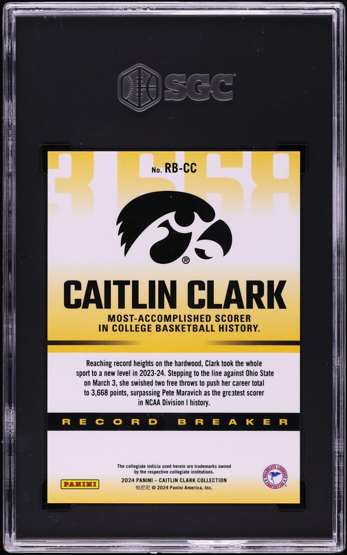 2024 Panini Collection Record Breaker Caitlin Clark ROOKIE #RB-CC SGC 8 NM-MT