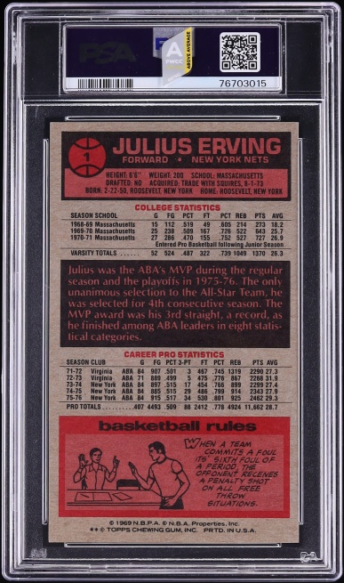 1976 Topps Basketball Julius Erving #1 PSA 9 MINT (PWCC-A) - Photo 2