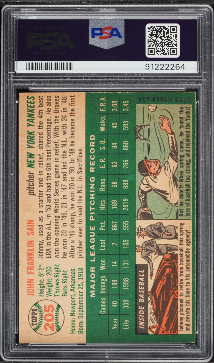 1954 Topps Johnny Sain #205 PSA 7 NRMT