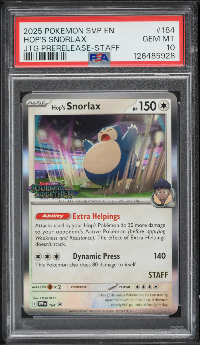 2025 Pokemon Scarlet & Violet Promo JTG Prerelease Staff Hop's Snorlax #184 PSA 10 GEM MINT