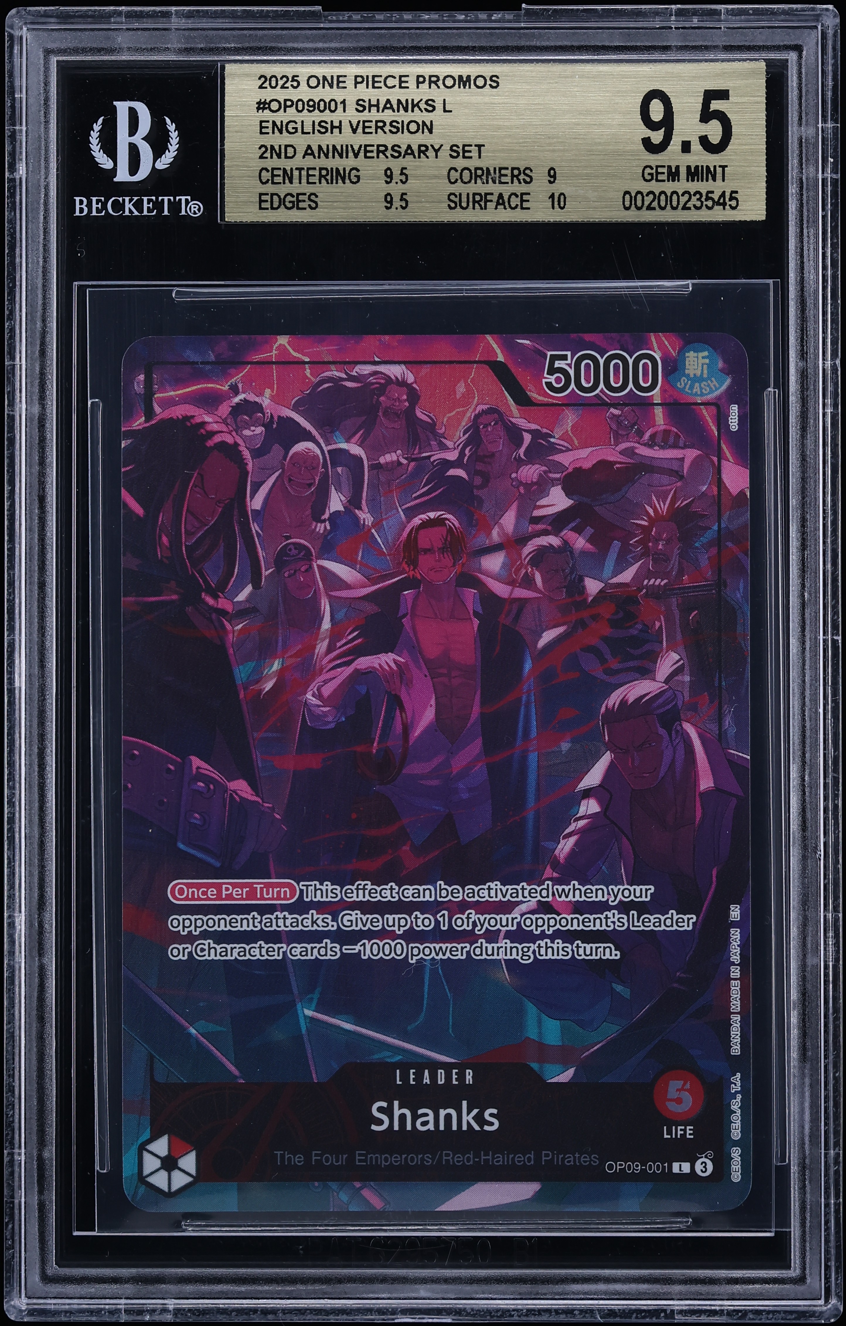 2025 One Piece Promos 2nd Anniversary Set Shanks L #OP09001 BGS 9.5 GEM MINT