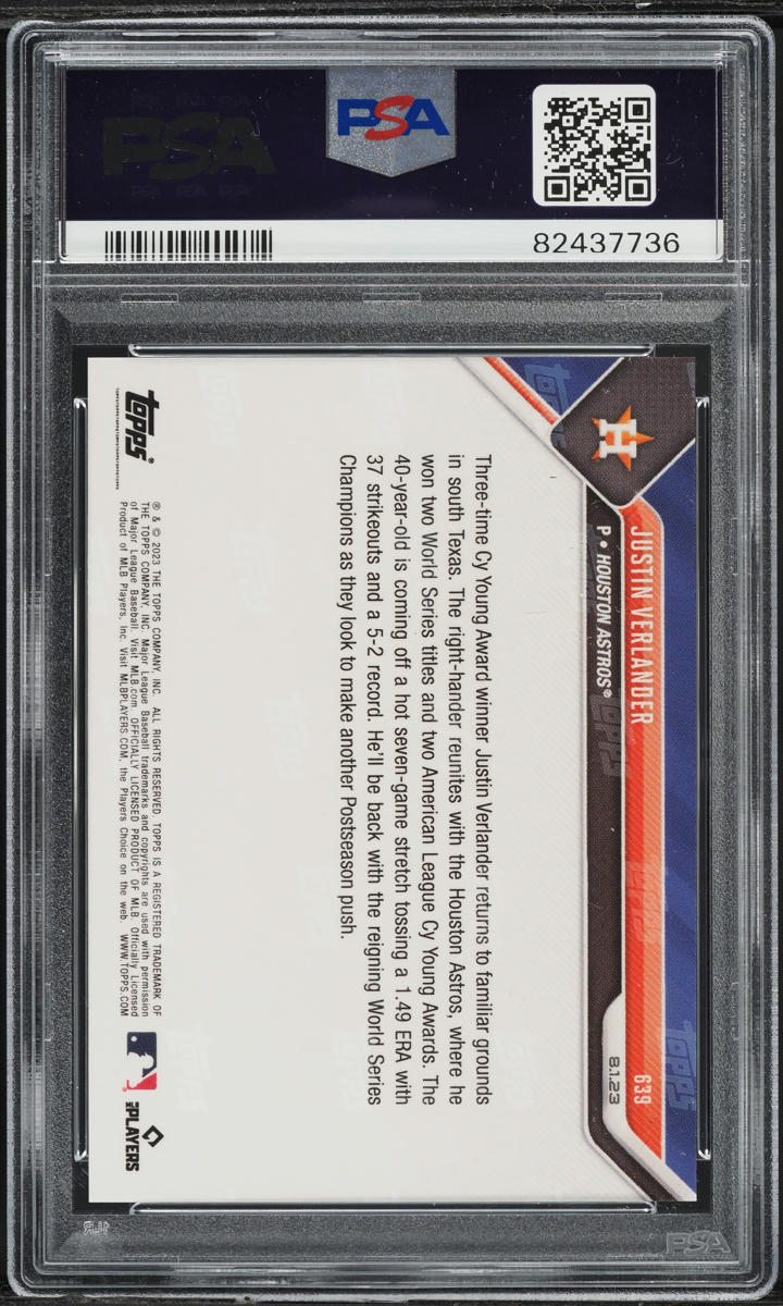 2023 Topps Now Blue Justin Verlander /49 #639 PSA 10 GEM MINT