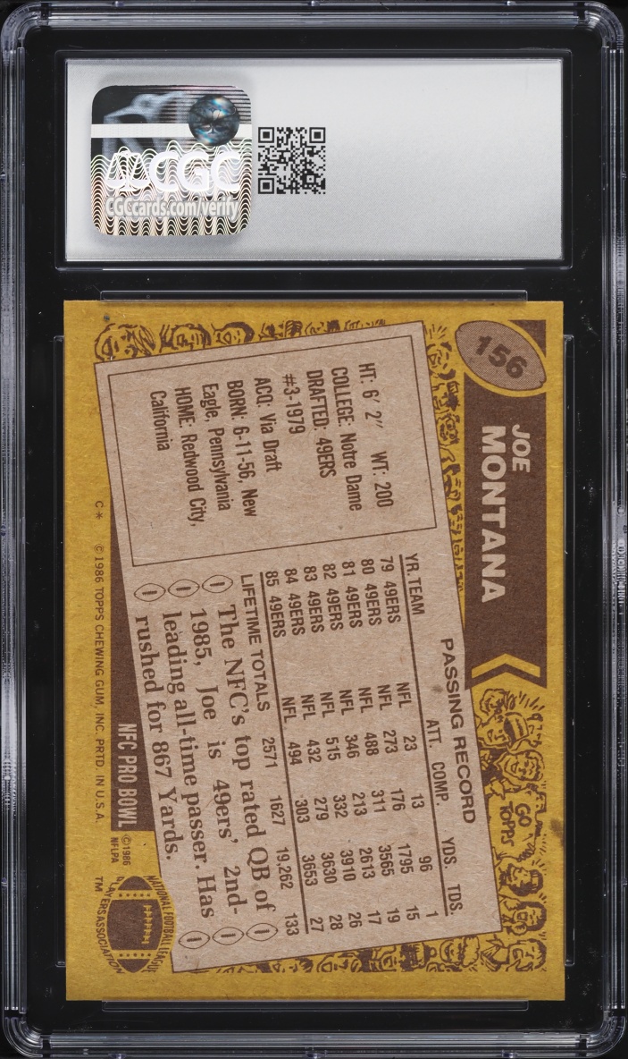 1986 Topps Football Joe Montana #156 CGC 8.5 NM-MT+