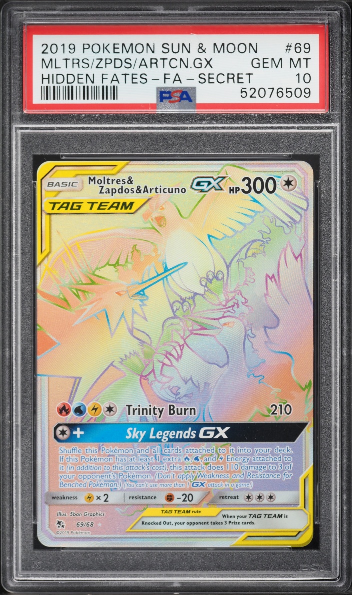 2019 Pokemon Sun & Moon Hidden Fates Rainbow Rare Moltres Zapdos Articuno GX #69 PSA 10 GEM