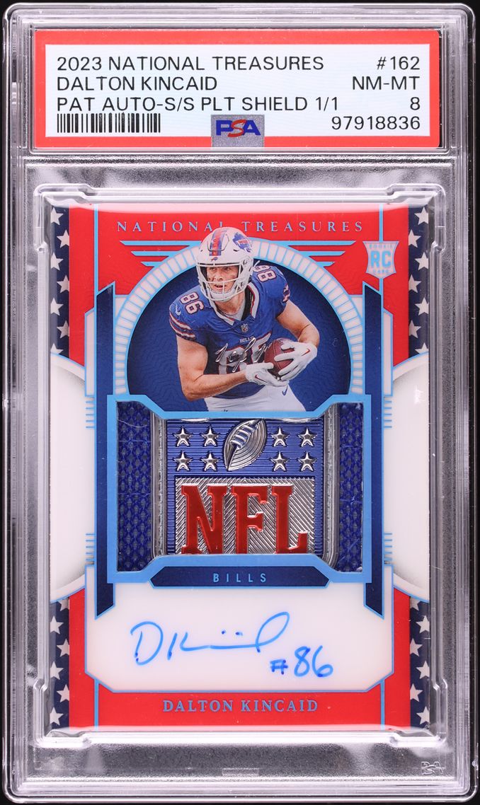 2023 National Treasures Dalton Kincaid ROOKIE NFL SHIELD PATCH AUTO 1/1 #162 PSA 8 NM-MT
