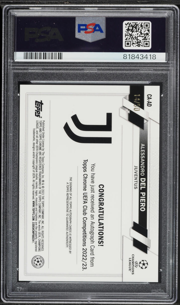 2022 Topps Chrome UEFA Club Competitions Gold Refractor Alessandro Del Piero AUTO /50 PSA 10 - Photo 2