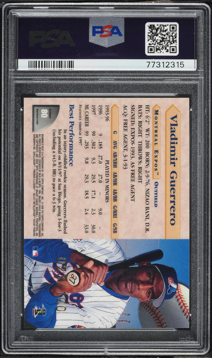1998 Bowman's Best Atomic Refractor Vladimir Guerrero /100 #80 PSA 9 MINT - Photo 2