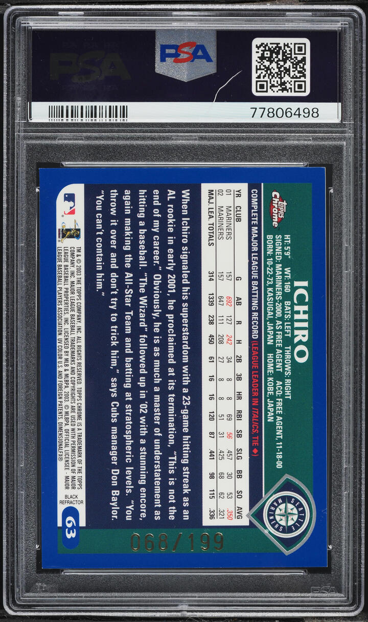 2003 Topps Chrome Black Refractor Ichiro /199 #63 PSA 9 MINT - Photo 2