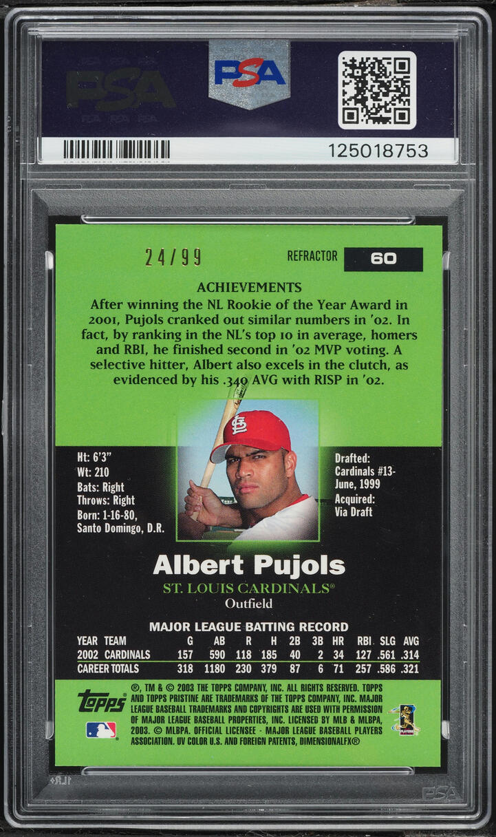 2003 Topps Pristine Refractor Albert Pujols /99 #60 PSA 9 MINT - Photo 2