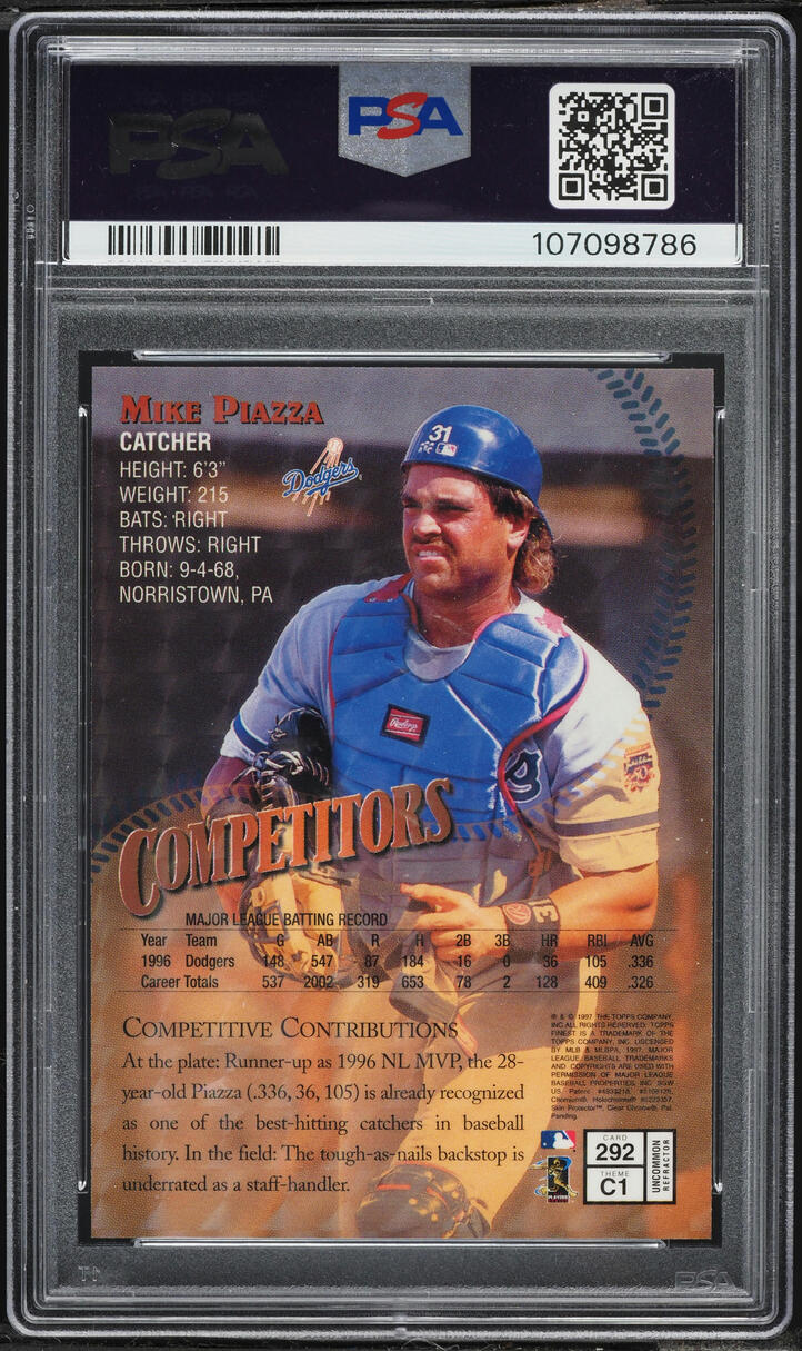 1997 Finest Embossed Refractor Mike Piazza #292 PSA 10 GEM MINT - Photo 2