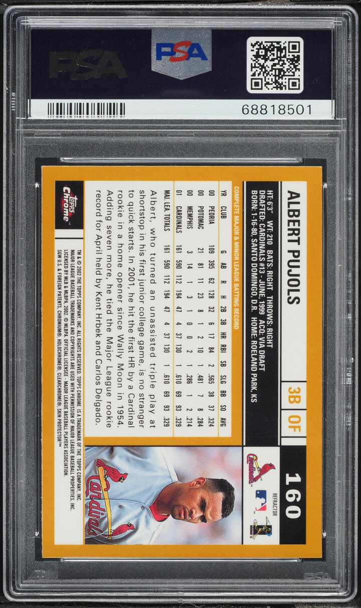 2002 Topps Chrome Gold Refractor Albert Pujols #160 PSA 9 MINT - Photo 2