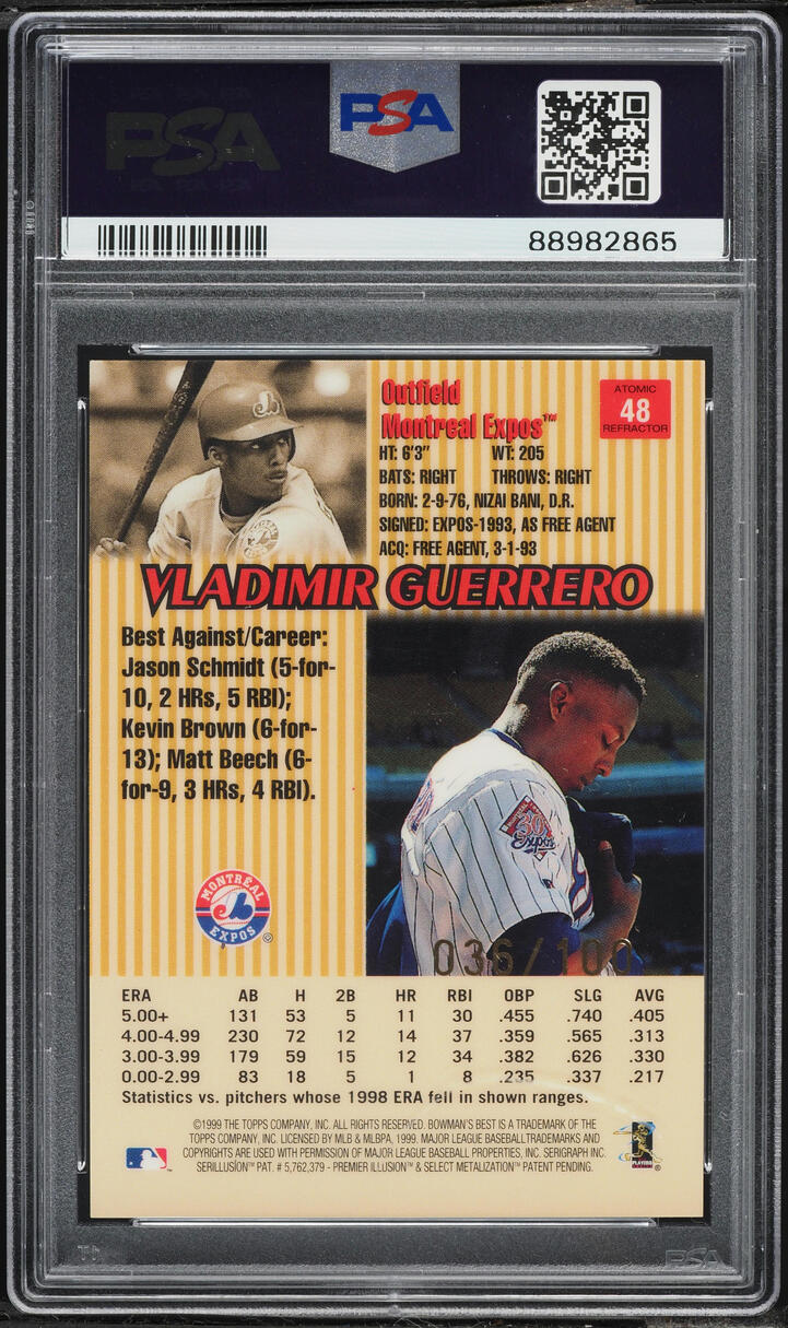 1999 Bowman's Best Atomic Refractor Vladimir Guerrero /100 #48 PSA 9 MINT - Photo 2