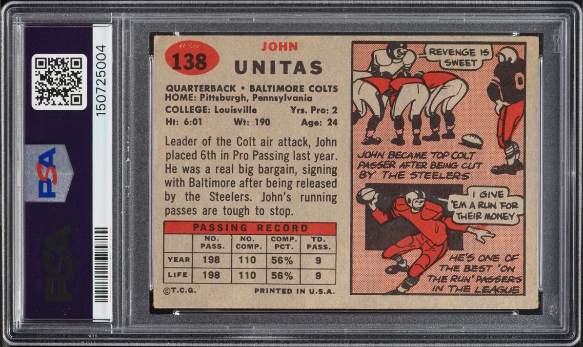 1957 Topps Football Johnny John Unitas ROOKIE #138 PSA 3 VG