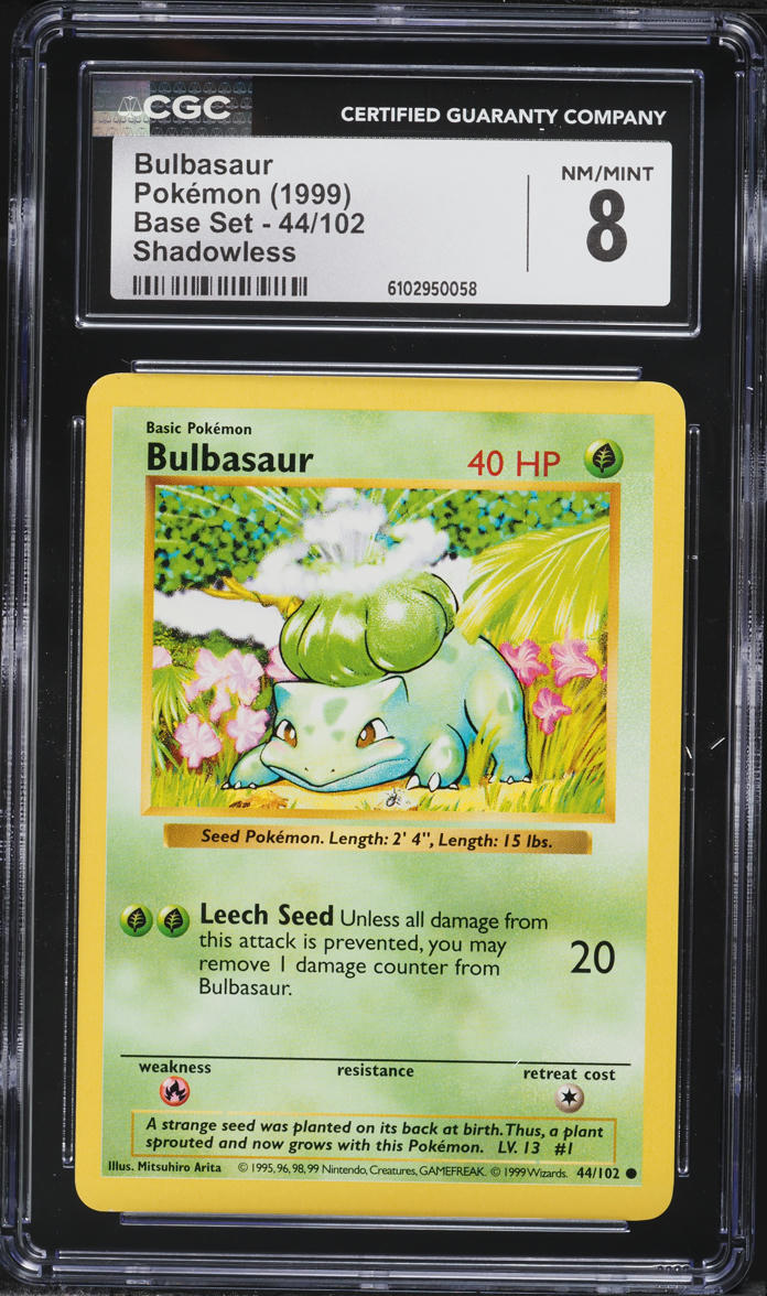 1999 Pokemon Base Set Shadowless Bulbasaur #44 CGC 8 NM-MT