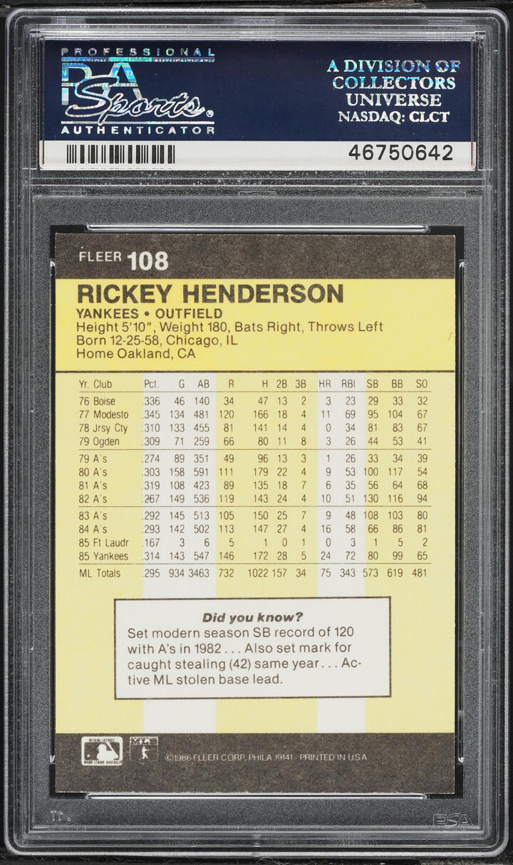1986 Fleer Rickey Henderson #108 PSA 10 GEM MINT