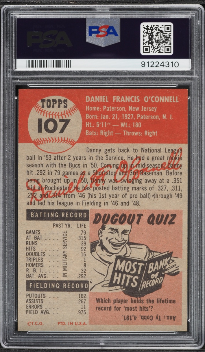 1953 Topps Danny O'Connell #107 PSA 7 NRMT