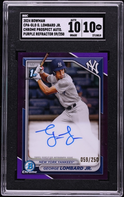 2024 Bowman Chrome Purple Refractor George Lombard Jr. PROSPECT AUTO /250 #CPA-GLO SGC 10 GEM
