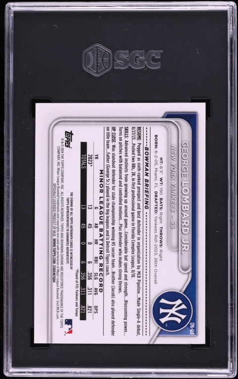 2024 Bowman Chrome Purple Refractor George Lombard Jr. PROSPECT AUTO /250 #CPA-GLO SGC 10 GEM