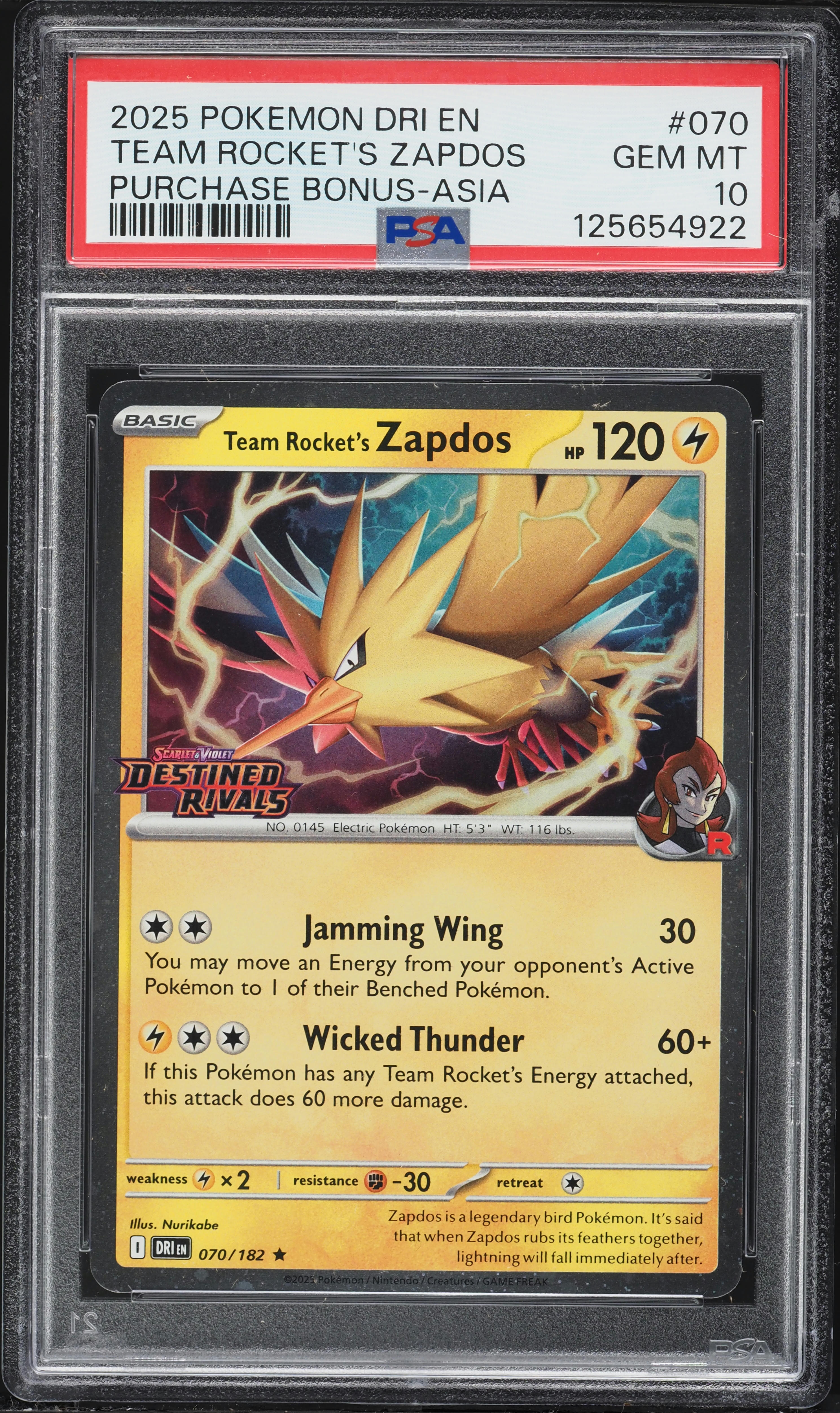 2025 Pokemon SV Destined Rivals Bonus Asia Team Rocket's Zapdos #070 PSA 10 GEM MINT