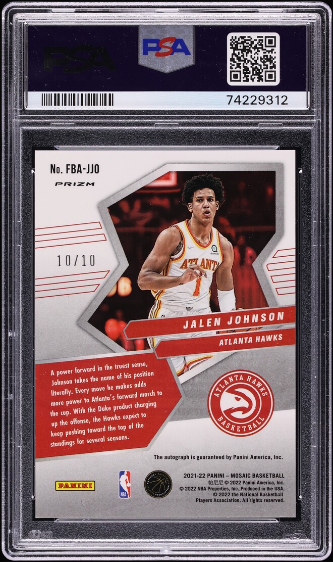 2021 Panini Mosaic Fast Break Gold Prizm Jalen Johnson ROOKIE AUTO DNA 10 10/10 #FBA-JJO PSA 9 - Photo 2