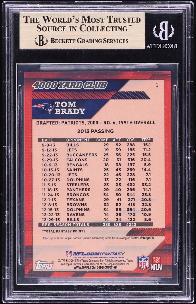 2014 Topps Chrome 4000 Yard Club Superfractor Tom Brady 1/1 #1 BGS 9.5 GEM MINT - Photo 2