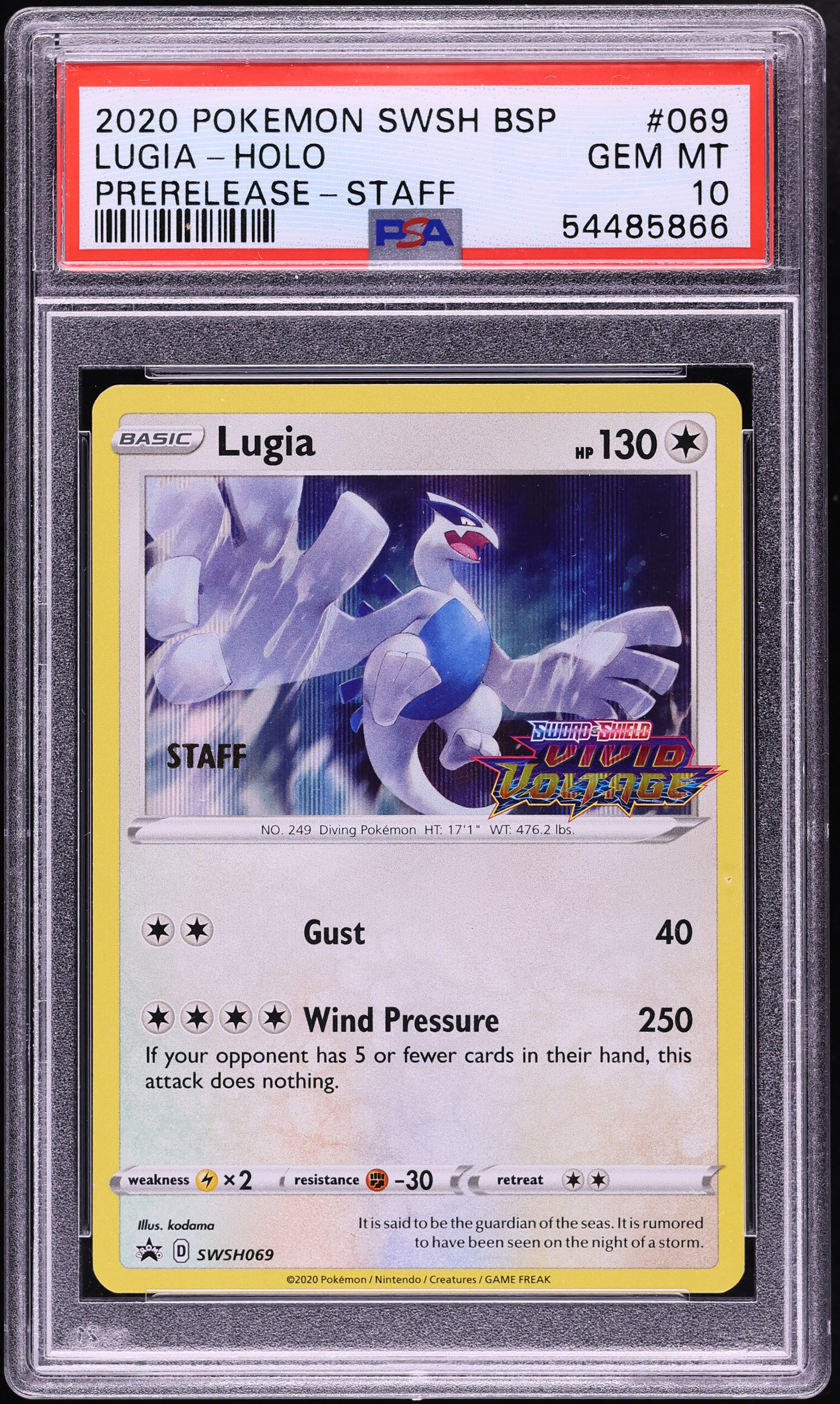 2020 Pokemon Sword & Shield Vivid Voltage Prerelease Staff Holo Lugia #69 PSA 10 GEM MINT