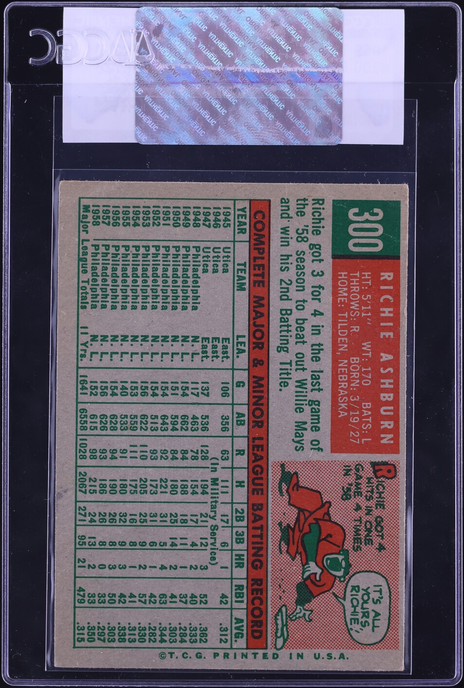 1959 Topps Richie Ashburn #300 CGC AUTH