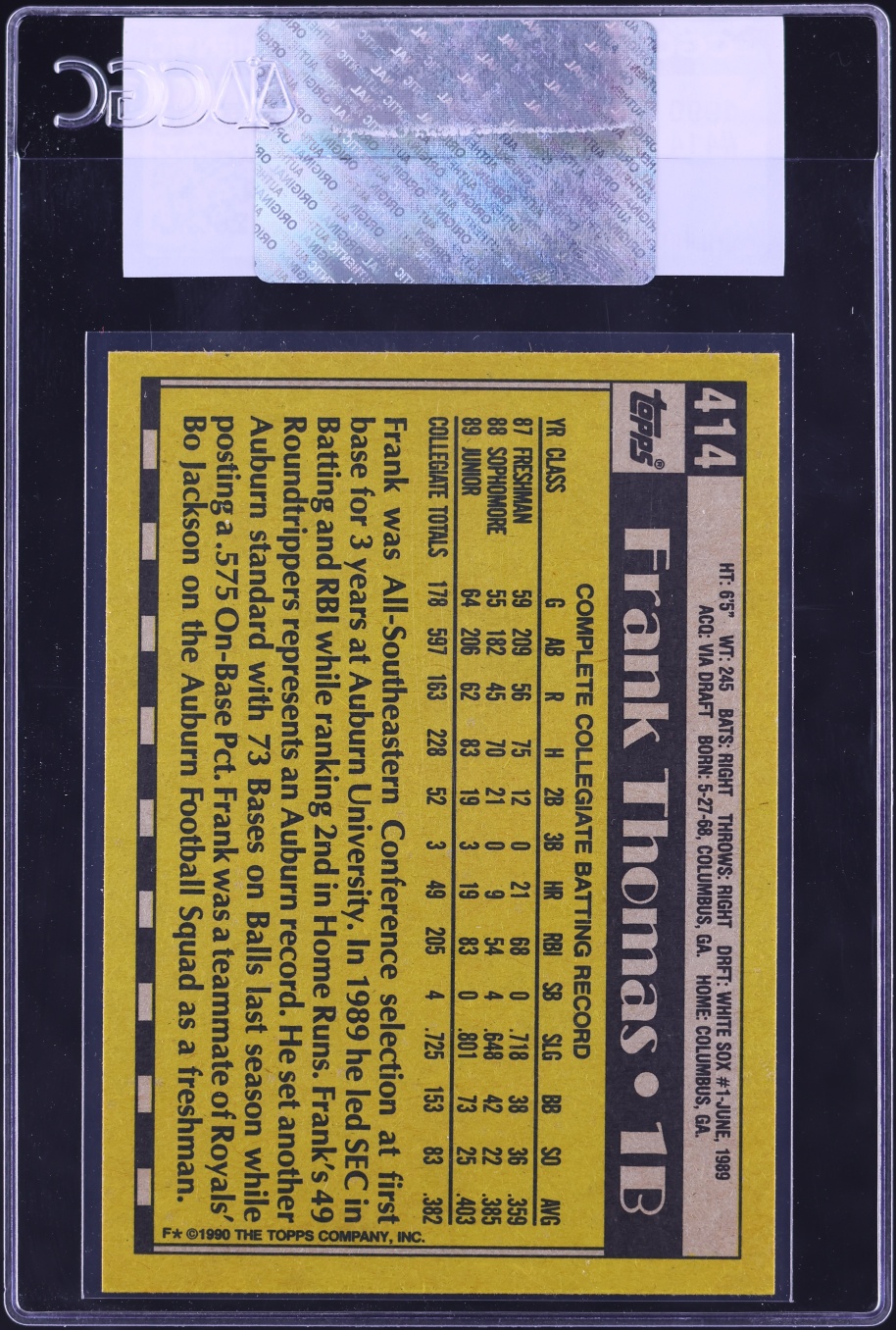 1990 Topps Frank Thomas ROOKIE #414 CGC AUTH