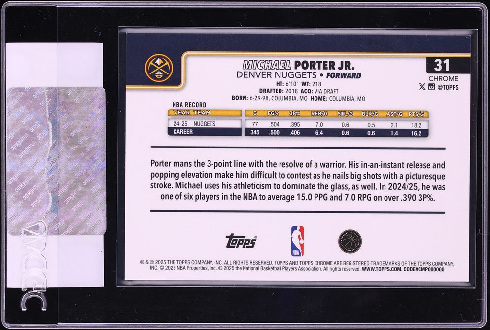 2025 Topps Chrome Red Refractor Michael Porter Jr. /5 #31 CGC AUTH - Photo 2