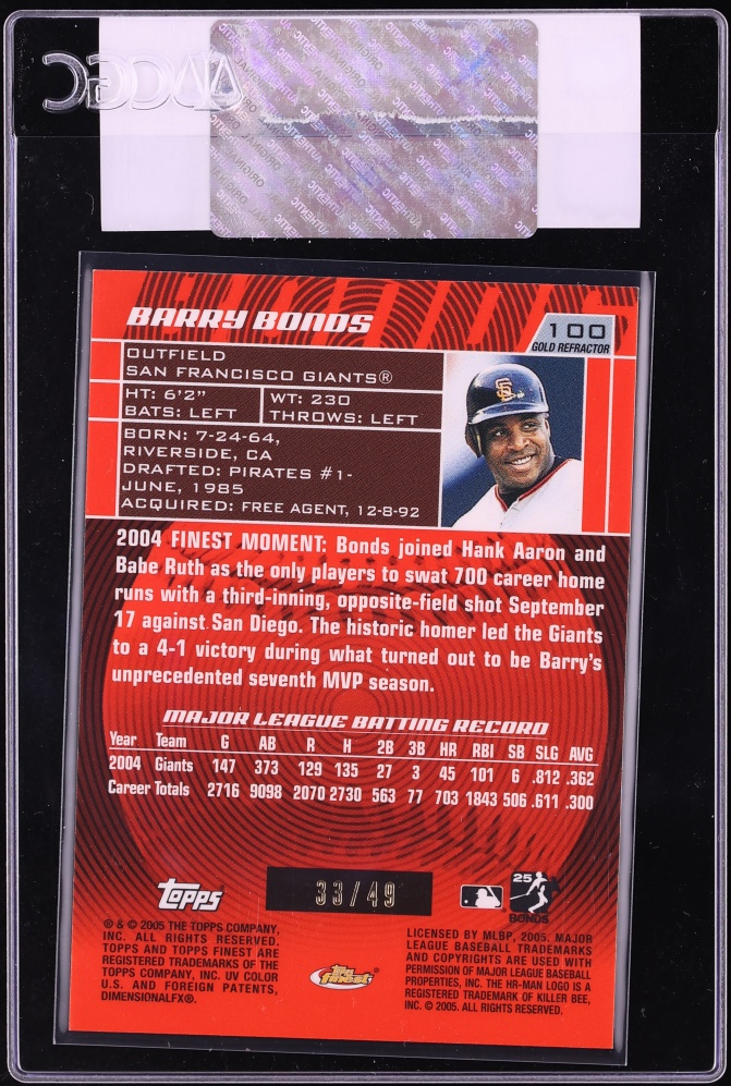 2005 Finest Gold Refractor Barry Bonds /49 #100 CGC AUTH - Photo 2