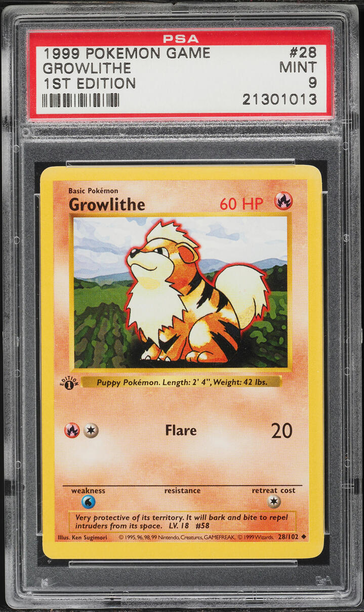 1999 Pokemon Base Set Shadowless 1st Edition Growlithe #28 PSA 9 MINT