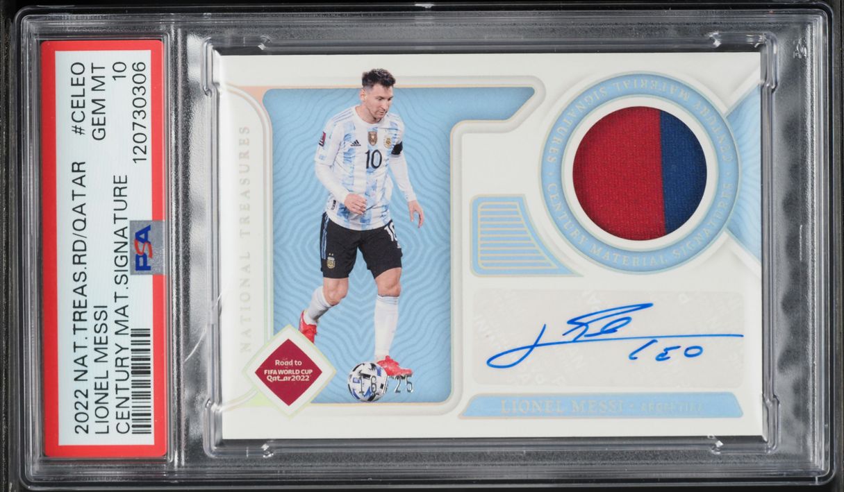 2022 National Treasures FIFA World Cup Qatar Lionel Messi PATCH AUTO /25 PSA 10 GEM MINT