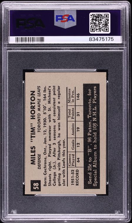 1952 Parkhurst Tim Horton #58 PSA 6 EXMT