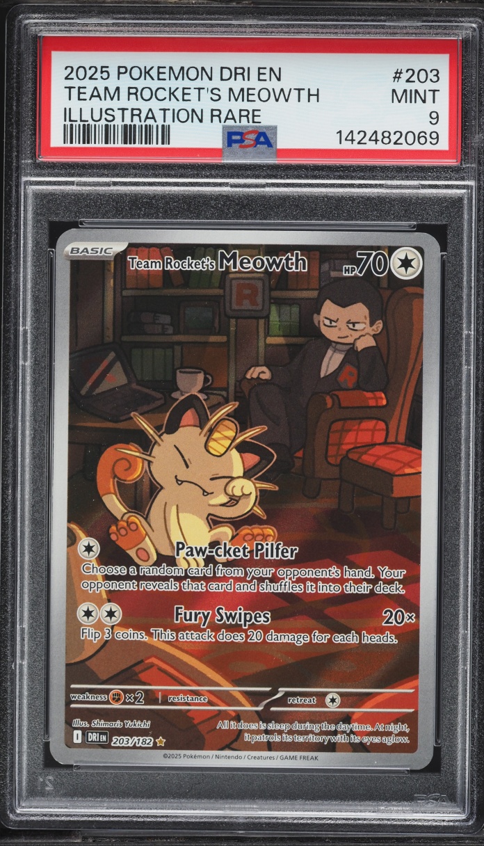 2025 Pokemon Scarlet & Violet Destined Rivals IR Team Rocket's Meowth #203 PSA 9 MINT