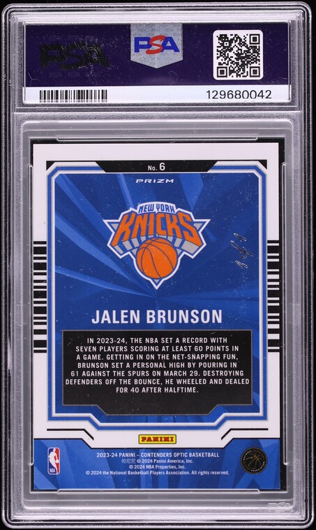 2023 Panini Contenders Optic Playing The Numbers Game Gold Vinyl Jalen Brunson 1/1 #6 PSA 9