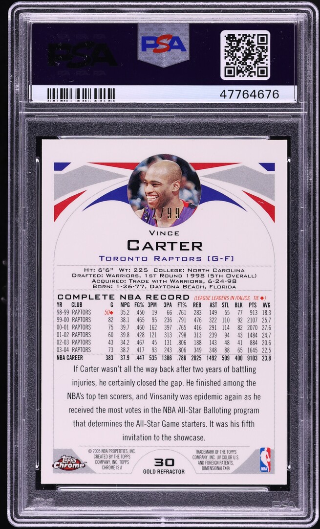 2004 Topps Chrome Gold Refractor Vince Carter /99 #30 PSA 10 GEM MINT
