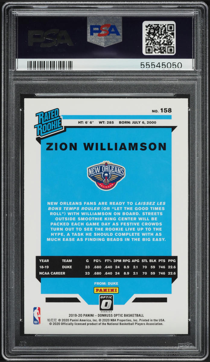 2019 Donruss Optic Zion Williamson ROOKIE #158 PSA 10 GEM MINT