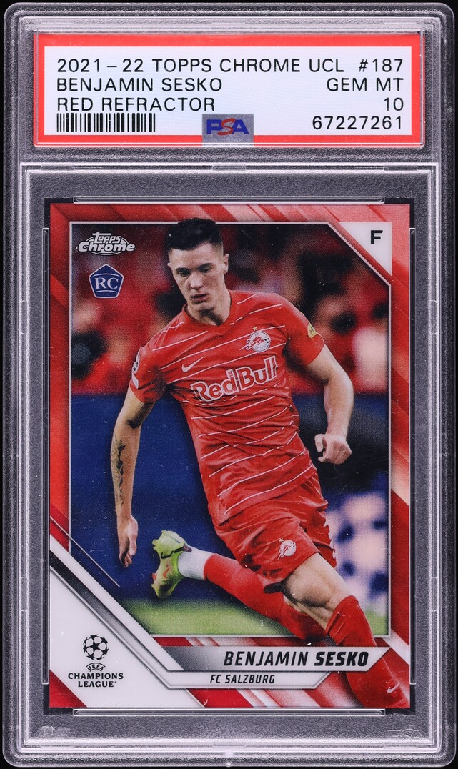 2021 Topps Chrome UCL Red Refractor Benjamin Sesko ROOKIE /10 #187 PSA 10 GEM